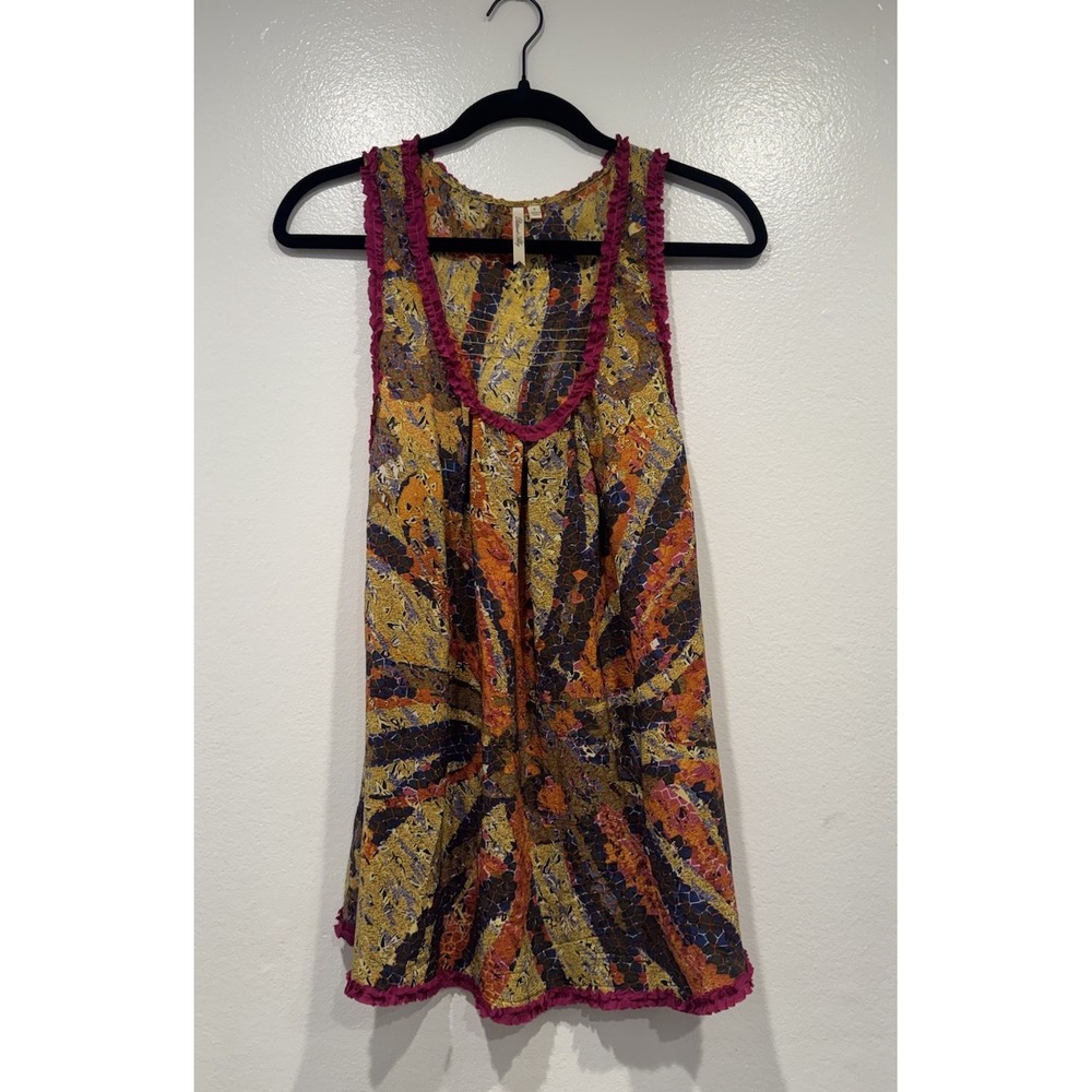 Petticoat Alley Y2K Look 100% Silk Long Top Sz Small Artsy Print Boho Bohemian